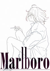  1girl absurdres age_gyoza ahoge blush cigarette closed_mouth expressionless from_side hair_between_eyes highres holding holding_cigarette invisible_chair jacket knee_up lineart marlboro no_socks original profile shoes short_hair sitting smoke smoke_trail smoking solo 