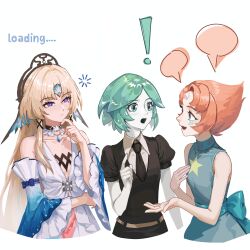  ! 1other 2girls :o absurdres androgynous aqua_eyes aqua_hair artist_name back_bow bare_shoulders belt black_choker black_necktie black_shirt black_shorts blank_speech_bubble blonde_hair blue_bow blue_dress blue_eyes blush bow breasts bright_pupils choker closed_mouth collarbone collared_shirt covered_collarbone crossover detached_sleeves dress east-west_crossover forehead_jewel frilled_sleeves frills gem hair_ornament hand_up hands_up headpiece highres honkai:_star_rail honkai_(series) houseki_no_kuni index_finger_raised loading_icon long_hair long_sleeves looking_at_another medium_breasts multiple_girls mvgwq necktie open_mouth pale_skin parted_bangs pearl pearl_(honkai:_star_rail) pearl_(steven_universe) phosphophyllite pink_hair puffy_short_sleeves puffy_sleeves russian_commentary shell shell_hair_ornament shirt short_hair short_sleeves shorts sidelocks simple_background sleeveless sleeveless_dress speech_bubble standing star_(symbol) star_print steven_universe talking turtleneck turtleneck_dress upper_body very_long_hair violet_eyes white_background white_belt white_dress white_pupils white_shirt white_sleeves wide_sleeves x_hair_ornament 