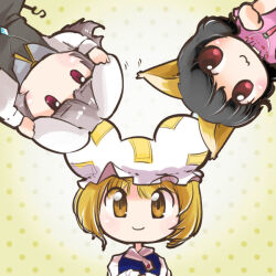  3girls :3 alternate_animal_ears animal_ears black_hair black_vest blonde_hair brown_eyes carrot_necklace closed_mouth commentary_request floppy_ears fox_ears fox_girl grey_hair inaba_tewi jewelry long_sleeves looking_at_viewer mouse_ears mouse_girl multiple_girls nazrin necklace pink_shirt polka_dot polka_dot_background rabbit_ears rabbit_girl red_eyes shirt short_hair smile touhou upper_body uriah-oyu vest white_shirt yakumo_ran 