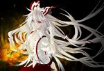  bad_id bandage bandages bow fire fujiwara_no_mokou grin hair_bow kyou_zip long_hair middle_finger open_clothes open_shirt pale_skin red_eyes shirt smile solo suspenders teeth torn_clothes touhou very_long_hair white_hair 
