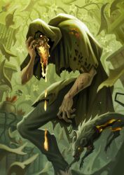  1boy backlighting branch cage cloak dead_by_daylight dripping falling_paper feet_out_of_frame full_body glowing glowing_eyes hand_on_own_face highres hood hood_up hooded_cloak horror_(theme) hunchback indoors male_focus mouse_(animal) open_mouth overgrown rubyray_art solo the_blight_(dead_by_daylight) torn_clothes vial 