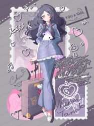  1girl black_hair blue_jacket blue_pants blue_skirt bow braid character_name character_sticker choker cropped_jacket footwear_ribbon frilled_skirt frills full_body hair_bow highres holding holding_suitcase jacket kimi_to_idol_precure long_hair pants pants_under_skirt pink_bow precure purirun_(precure) ribbon rolling_suitcase serizawa_serizane shirt shoes side_braids skirt smile solo standing sticker suitcase tanaka_meron violet_eyes white_choker white_ribbon white_shirt white_shoes 