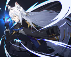  1boy animal_ear_fluff animal_ears black_coat black_jacket black_pants cat_boy cat_ears cat_tail coat coat_on_shoulders colored_tips commentary_request crossed_bangs cuffs finger_claws from_side grey_hair hair_between_eyes handcuffs highres jacket long_hair looking_at_viewer male_focus multicolored_hair pants parted_lips severian_lowell solo tail yang_sangchi yellow_eyes zenless_zone_zero 