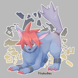  animal_ears animal_nose artist_name claws collar commentary_request cool_the_cerberus cuffs highres hiyaudon looking_at_viewer nail_polish no_humans purple_fur red_hair scar scar_across_eye scar_on_face shin_megami_tensei shin_megami_tensei_devil_children spiked_collar spikes translation_request 