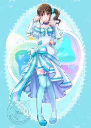  1girl :s aqua_background aqua_boots aqua_bow aqua_scrunchie aqua_theme arm_warmers bare_shoulders blue_bow blue_choker blunt_bangs blush boots bow bow_choker brooch brown_hair chest_bow choker closed_mouth collarbone commentary commission cosplay cure_lillian cure_lillian_(cosplay) curled_fingers dress dress_bow embarrassed fingernails frilled_arm_warmers frilled_dress frills full_body furrowed_brow hair_ornament hair_scrunchie hands_up heart heart_brooch high_heel_boots high_heels highres jewelry lace_background light_smile lips long_hair looking_at_viewer magical_girl medium_dress multicolored_bow multiple_views nekoyashiki_mayu off-shoulder_dress off_shoulder outline pact_holder paw_pose pigeon-toed ponytail pouch precure raised_inner_eyebrows scrunchie self-cosplay shiny_cats_pact side_ponytail skeb_commission solo sparkle standing striped_bow tearing_up thick_eyebrows thigh_boots violet_eyes waka_(negronoir) watermark white_arm_warmers white_dress white_outline wonderful_precure! zettai_ryouiki 