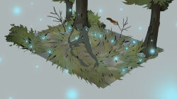  1other aqua_flower bow_(weapon) commentary concept_art dongho_kang dota_(series) dota_2 english_commentary fighting_stance flower from_above full_body gradient_background grass grey_background highres holding holding_bow_(weapon) holding_weapon official_art silhouette simple_background sketch squirrel tree weapon wind 