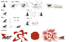  1boy 1other afterimage arm_up attack black_boots black_coat black_gloves black_pants boots casting_spell coat commentary concept_art dashing dongho_kang dust_cloud english_commentary english_text fingerless_gloves full_body gameplay_mechanics gloves greatsword halcyon_zero highres holding holding_sword holding_weapon male_focus motion_blur motion_lines multiple_views official_art open_clothes open_coat pants red_hair rowan_(halcyon_zero) running short_hair simple_background sketch standing sword weapon white_background 