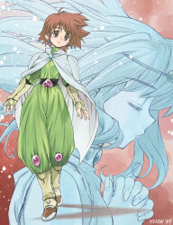 1990s_(style) 2004 2girls :o aqua_gem baggy_pants bags_under_eyes black_sash blue_gem brown_eyes brown_hair brown_shoes cape commentary_request earrings fingerless_gloves gem gloves green_pants green_shirt highres isedaichi_ken jewelry leg_warmers lena_(phantasy_star) long_hair marlena_(phantasy_star) multiple_girls neck_ring own_hands_clasped own_hands_together pants phantasy_star phantasy_star_iii purple_gem sash shirt shoes short_hair signature silver_earrings sleeveless vambraces white_cape white_leg_warmers