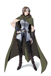  1girl arm_at_side ass_visible_through_thighs bare_shoulders belt belt_buckle belt_pouch black_pants boots breasts brown_belt brown_boots brown_hair buckle cloak closed_mouth collared_jacket commentary concept_art contrapposto dongho_kang dota_(series) dota_2 english_commentary forehead_protector full_body gem gloves green_cloak grey_eyes grey_gloves grey_jacket hand_on_own_hip highres jacket knee_boots large_breasts lips long_hair looking_to_the_side mirana_(dota) nose official_art orange_gem pants pouch shadow simple_background single_arm_guard sleeveless sleeveless_jacket solo standing white_background 