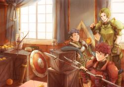  3boys armor arrow_(projectile) bow_(weapon) breastplate chair chest_guard closed_mouth cup curtains english_commentary fingerless_gloves fire_emblem fire_emblem_echoes:_shadows_of_valentia food forsyth_(fire_emblem) fruit gloves holding holding_food holding_fruit holding_polearm holding_weapon lance leaning_on_object looking_at_another lukas_(fire_emblem) male_focus multiple_boys on_chair open_mouth orange_(fruit) partially_fingerless_gloves pauldrons polearm python_(fire_emblem) quiver shield shoulder_armor single_pauldron sitting smile weapon window youyuening 
