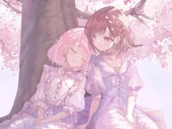  1girl 1other akiyama_mizuki alternate_hair_length_(shorter) alternate_hairstyle braid brown_hair buttons cherry_blossoms choker closed_eyes closed_mouth commentary_request couple crying day detached_sleeves dress earrings frilled_dress frills happy_tears highres jewelry layered_dress leaf_earrings leaning_on_person leaning_to_the_side looking_at_another other_with_female outdoors pale_colors pink_hair project_sekai shinonome_ena short_hair short_sleeves shuga_(pixiv_128808581) side_braid sitting smile streaming_tears tears tree white_choker white_dress 