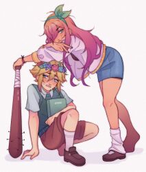  1boy 1girl arm_support aubrey_(faraway)_(omori) aubrey_(omori) baseball_bat basil_(faraway)_(omori) basil_(omori) black_nails black_shoes blonde_hair blue_eyes blue_hairband blue_skirt blush book brown_shorts closed_mouth collared_shirt commentary denim denim_skirt double-parted_bangs english_commentary flower flower_wreath freckles green_sweater_vest hair_between_eyes hair_over_one_eye hairband head_wreath highres holding holding_baseball_bat holding_book invisible_floor jacket leaning_forward long_sidelocks looking_at_viewer mel_(melmellie) nail_(hardware) nail_bat omori open_clothes open_jacket parted_lips pink_hair shirt shoes short_hair short_sleeves shorts sidelocks simple_background skirt socks standing sweat sweater_vest twitter_username v white_background white_jacket white_shirt white_socks 