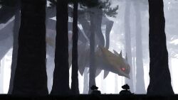  absurdres commentary dragon dragon_horns english_commentary flying forest ghost giratina giratina_(origin) glowing glowing_eyes highres horns nature no_humans outdoors pokemon pokemon_(creature) red_eyes rivalclay silhouette tail torterra tree 