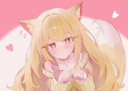  1girl animal_ears blonde_hair choker colored_eyelashes fox_ears fox_girl fox_tail gradient_background heart highres jewelry kiboren long_hair looking_at_viewer necklace off-shoulder_sweater off_shoulder original paw_pose pink_choker pink_frills red_eyes simple_background solo sweater tail tears 