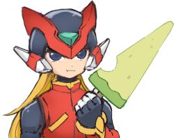  1boy android blonde_hair blue_eyes cropped_jacket food fruit helmet holding holding_food long_hair male_focus mega_man_(series) mega_man_zero_(series) melon melon_slice simple_background solo towa_area upper_body zero(z)_(mega_man) zero_(mega_man) 