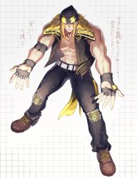  1boy absurdres alex_winger armband beanie belt black_jacket black_pants blonde_hair bodypaint boots commentary_request facepaint fingerless_gloves fur-trimmed_jacket fur_trim gloves hat highres jacket knee_pads long_hair muscular muscular_male official_alternate_color pants pectorals sakuraba_taku sleeveless solo street_fighter street_fighter_6 white_belt 