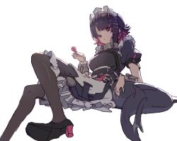  1girl apron black_hair black_pantyhose black_shoes black_skirt candy commentary crossed_legs dress ellen_joe fins fish_tail food frills from_below from_side hair_ornament hand_on_own_tail holding holding_candy holding_food holding_lollipop lollipop looking_at_viewer maid maid_apron maid_headdress minamina_glint mole mole_on_arm multicolored_hair pantyhose pink_hair puffy_short_sleeves puffy_sleeves reclining red_eyes shadow shark_tail shoes short_hair short_sleeves single_shoe sitting skirt tail two-tone_hair untranslatable_commentary white_background zenless_zone_zero 