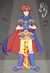  1boy absurdres armor black_shirt blue_boots blue_cape blue_gloves blue_headband boots breastplate cape commentary english_commentary fingerless_gloves fire_emblem fire_emblem:_the_binding_blade full_body gloves headband highres holding holding_sword holding_weapon looking_at_viewer male_focus mr.penguin pants pauldrons planted planted_sword roy_(fire_emblem) shirt shoulder_armor smile sword torn_cape torn_clothes weapon white_pants 