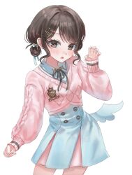  1girl brown_eyes brown_hair brown_ribbon buttons character_request claw_pose collared_dress commentary_request copyright_request cowboy_shot double-breasted dress hair_intakes hair_ornament hairclip hand_up highres lilio long_sleeves looking_at_viewer medium_hair parallel_hairclips parted_lips pink_sweater ribbon single_claw_pose single_wing sleeves_past_wrists sweater swept_bangs white_background wings 