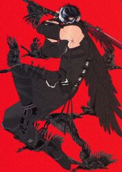  1boy bare_shoulders bird bird_wings black_bodysuit black_boots black_hair black_sleeves black_wings bodysuit boots commentary crow detached_sleeves feathered_wings jika-tabi katana kunai looking_at_viewer male_focus mask mouth_mask multicolored_hair ninja ninja_gaiden ninja_gaiden_4 ninja_mask red_background red_eyes sheath shin_guards short_hair simple_background solo streaked_hair sword two-tone_hair weapon white_streaks wings yakumo_(ninja_gaiden) yatsumeunagi_(lamprey) 