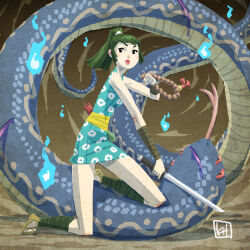  1girl animal ankle_cuffs aqua_kimono artist_name bead_necklace beads black_eyes blue_fire blue_skin brown_background brown_hair character_request check_character check_commentary check_copyright colored_sclera colored_skin commentary_request copyright_request dark_background extra_eyes fire forked_tongue four_eyes full_body giant_snake highres hissing holding holding_sword holding_weapon japanese_clothes japanese_mythology jewelry katana kimono kit_(kittic) lips necklace on_one_knee original oversized_animal ponytail print_kimono red_sclera sash scales signature sitting_on_animal snake sword tongue vignetting waist_sash weapon wrist_cuffs yellow_sash 