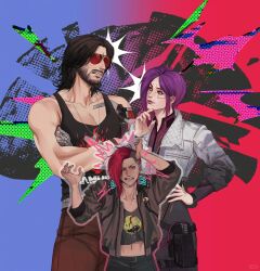  1boy 2girls asymmetrical_hair black_hair black_shirt black_tank_top brown_jacket brown_pants clenched_teeth commentary_request crossed_arms cyberpunk_(series) cyberpunk_2077 green_eyes jacket johnny_silverhand looking_at_another multiple_girls one_eye_closed open_clothes open_jacket pants purple_hair red-tinted_eyewear shirt short_hair sidecut songbird_(cyberpunk) suansusu sunglasses tank_top teeth tinted_eyewear undercut v_(cyberpunk) valerie_(cyberpunk) 