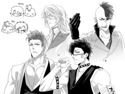 4boys absurdres badge bazz-b black_gloves bleach bleach:_sennen_kessen-hen chibi chibi_only commentary_request facial_tattoo frypannn fukutaichou_badge gloves greyscale haori highres hisagi_shuuhei japanese_clothes jugram_haschwalth korean_commentary korean_text long_hair male_focus mohawk monochrome muguruma_kensei multiple_boys number_tattoo pectoral_cleavage pectorals shihakusho taichou_haori tattoo translation_request wandenreich_uniform 
