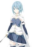  blue_dress blue_eyes blue_hair cape dress gloves magical_girl mahou_shoujo_madoka_magica miki_sayaka simple_background solo sword thighhighs umeo_retto weapon white_gloves 