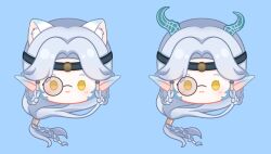  1girl animal_ear_fluff animal_ears asymmetrical_horns black-framed_eyewear black_headband blue_background blue_horns blue_scales bracelet braid braided_hair_rings cat_ears cat_girl chinese_commentary closed_mouth commentary_request dragon_girl dragon_horns grey_hair hair_rings hair_tubes happy head_only headband horns infinity_nikki jewelry light_blush long_hair low-tied_long_hair low_ponytail medael_(infinity_nikki) monocle multiple_bracelets nikki_(series) parksolian_(infinity_nikki) pointy_ears ponytail round_eyewear simple_background smile solid_oval_eyes straight-on tinted_eyewear variations yellow-tinted_eyewear yellow_eyes yushengdeyouzilu 