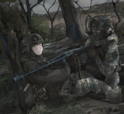  1boy 1girl aiming ammunition_belt bare_tree black_gloves black_hair blush border braid bulletproof_vest camouflage combat_helmet facepaint forest gloves grass gun handgun headphones helmet hetero highres holster hood hood_down hoodie machine_gun mg3 military military_patch military_uniform mud nature original pout schellergheist single_braid sitting tactical_clothes thigh_holster tree weapon 