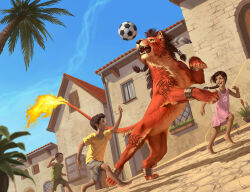  1girl 3boys ball bangle barefoot bracelet caraidart dress english_commentary fangs fiery_tail final_fantasy final_fantasy_vii fire green_tank_top jewelry looking_at_another looking_up multiple_boys open_mouth pink_dress playing_sports ponytail red_fur red_xiii roman_numeral shirt smile soccer_ball tail tank_top yellow_shirt 