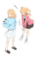  2girls absurdres black_shoes black_skirt blue_shirt cardigan closed_eyes commentary full_body grey_socks highres hinoshita_futaba hinoshita_minori lightning_bolt_symbol loafers long_hair long_sleeves love_live! love_live!_hasu_no_sora_jogakuin_school_idol_club medium_hair miniskirt multiple_girls open_cardigan open_clothes orange_hair pink_cardigan pleated_skirt shirt shoes siblings simple_background sisters skirt sneakers socks twins two_side_up untranslatable_commentary white_background white_shoes white_skirt zen66574227 