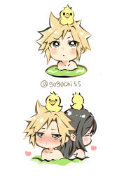  1boy 1girl back-to-back black_hair blonde_hair blue_eyes blush chocobo cloud_strife collarbone commentary_request final_fantasy final_fantasy_vii final_fantasy_vii_remake final_fantasy_vii_revelation gogochi55 heart highres long_hair naked_towel on_head onsen partially_submerged rubber_duck short_hair simple_background spiky_hair tifa_lockhart towel twitter_username upper_body water white_background 