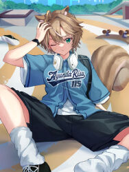  1girl absurdres adopot animal_ears ayunda_risu ayunda_risu_(riscool) bandage_on_cheek black_shoes blue_shirt brown_hair building closed_mouth english_commentary fallen_down green_eyes green_shorts hair_intakes hand_on_own_head headphones headphones_around_neck highres hololive hololive_indonesia loose_socks one_eye_closed shirt shoelaces shoes short_hair short_sleeves shorts single_unworn_shoe skateboard skyscraper socks solo squirrel_ears squirrel_girl squirrel_tail tail tomboy tree white_socks 