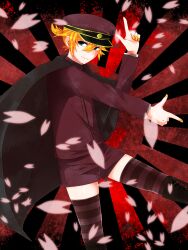  1boy black_boots black_cape blonde_hair boots cape closed_mouth colorized commentary_request cowboy_shot double_finger_gun falling_petals finger_gun fingernails gakuran green_eyes hair_between_eyes hat highres jacket kagamine_len kagamine_len_(ni_no_sakura_senbu) komu1028 kumapopo long_bangs long_sleeves looking_at_viewer male_focus peaked_cap petals purple_hat purple_jacket purple_shorts purple_thighhighs red_background school_uniform senbonzakura_(vocaloid) short_hair shorts smile solo striped_clothes striped_thighhighs sunburst sunburst_background thigh-highs vocaloid yellow_nails 