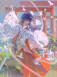  1girl absurdres bird blue_sky blunt_bangs bow branch chinese_commentary closed_mouth clouds commentary_request commission creature dancing day dove downturned_eyes expressionless fence floral_print full_body grass hair_bow hakama hakama_skirt highres holding holding_branch inuyasha japanese_clothes kikyou_(inuyasha) kimono leaf light_particles long_hair long_sleeves looking_ahead low_ponytail miko mount_fuji mountain multiple_torii outdoors outstretched_hand ponytail print_kimono purple_hair rainbow red_hakama red_ribbon ribbon ribbon-trimmed_sleeves ribbon_trim shadow short_kimono sidelocks skirt sky solo story_in_commentary torii white_bow white_kimono wide_sleeves wind yixiaowan07610 