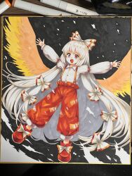  1girl art_tools_in_frame boots bow collared_shirt commentary_request fiery_wings footwear_bow fujiwara_no_mokou grey_hair hair_bow highres long_hair multiple_hair_bows ofuda ofuda_on_clothes open_mouth outstretched_arms pants photo_(medium) red_boots red_eyes red_pants shikishi shirt smile solo spread_arms suspenders tatuhiro touhou traditional_media very_long_hair white_shirt wings 
