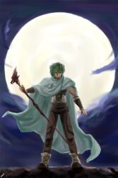  1boy boots bracelet brown_boots brown_pants brown_shirt cape clouds cloudy_sky commentary_request full_body gem green_eyes green_hair holding holding_staff jewelry lyle_(phantasy_star) moon nak_(nakroom) night pants phantasy_star phantasy_star_iii red_gem shirt signature silver_bracelet sky solo staff vambraces white_cape 