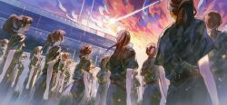  6+girls backlighting belt black_hair blurry brown_hair building camouflage camouflage_shirt clouds colorful_clouds comet cowboy_shot crowd depth_of_field dutch_angle flagpole from_behind from_below green_pants green_shirt hair_tie highres lens_flare long_hair looking_up military_uniform multiple_girls orange_sky original outdoors pants ponytail profile purple_sky shirt shooting_star short_hair short_sleeves sky stadium standing sunset twilight yusongrmdsuki 