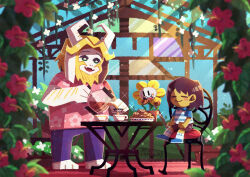  1other 2boys absurdres alternate_costume androgynous animal_ears asgore_dreemurr barefoot beard black_pants blonde_hair blue_shirt blush bright_pupils brown_shorts chair chocolate_chip_cookie collared_shirt colored_skin commentary_request cookie cup eating facial_hair fangs flower flowey_(undertale) food frisk_(undertale) furry furry_male green_eyes greenhouse highres horns looking_at_another multiple_boys open_mouth pants pink_shirt shirt short_hair short_sleeves shorts sitting skin_fangs smile socks standing table teacup teapot undertale utdr_(toby_fox) watawata22 white_pupils white_socks yellow_skin 