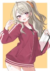  1girl :d absurdres blonde_hair blush border character_name clipboard commentary facial_tattoo gomadan gyaru hair_ornament hair_scrunchie hairclip highres holding holding_clipboard jacket komori_met komori_met_(loungewear) leg_tattoo long_hair long_sleeves looking_at_viewer one_side_up orange_scrunchie outside_border red_eyes red_jacket scrunchie simple_background smile solo star_(symbol) star_tattoo striped_clothes striped_jacket sweat tattoo track_jacket v virtual_youtuber vspo! white_border yellow_background zipper_pull_tab 