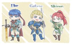  3boys armor arrow_(projectile) blush cape character_name check_commentary chibi chibi_only closed_mouth commentary_request fire_emblem fire_emblem:_radiant_dawn gatrie_(fire_emblem) hand_on_own_hip headband holding holding_arrow holding_polearm holding_sword holding_weapon ike_(fire_emblem) looking_at_viewer male_focus multiple_boys open_mouth pauldrons planted polearm ponytail ragnell red_cape red_headband shinon_(fire_emblem) shoulder_armor single_pauldron smile sword weapon yuua_(user_ksmz7872) 