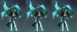 1girl absurdres alternate_hairstyle aqua_butterfly aqua_flower armor barefoot belt belt_buckle black_shorts blue_loincloth breasts brown_belt buckle bug butterfly butterfly_necklace cape clenched_hands closed_mouth collarbone commentary concept_art contrapposto dongho_kang dota_(series) dota_2 english_commentary eyelashes facial_mark floating_cape flower full_body glowing_feet gradient_background green_cape green_eyes green_shirt grey_background hair_flower hair_ornament half_chest_guard head_tilt highres light_particles lips loincloth long_hair looking_at_viewer medium_breasts multiple_views nose official_art pauldrons pelvic_curtain red_hair shirt short_hair short_shorts short_sleeves shorts shoulder_armor single_arm_guard single_pauldron standing windranger_(dota) 