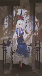  1girl absurdres adapted_costume black_shoes blue_dress blue_hair blue_hat bow chinese_commentary closed_mouth commentary_request dress ex-keine footwear_bow fujiwara_no_mokou grey_hair hat highres holding holding_scroll horizontal_spotlight houraisan_kaguya inaba_tewi kamishirasawa_keine long_hair long_sleeves multicolored_hair red_bow red_eyes reisen_udongein_inaba scroll shadow shijiu_(shizuoxing) shoes sitting smile solo spotlight touhou two-tone_hair very_long_hair wide_sleeves yagokoro_eirin 