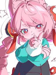 1girl absurdres ahoge animal_ear_fluff animal_ears braid bright_pupils closed_mouth finger_to_cheek furry furry_female hair_ornament highres long_hair looking_at_viewer pink_fur pink_hair rabbit_ears rabbit_girl red_eyes sava_25254 short_eyebrows simple_background solo sphere_hair_ornament thick_eyebrows upper_body white_background white_pupils zenless_zone_zero zhao_(zenless_zone_zero) 