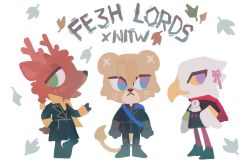  1girl 2boys animal_ears antlers beak bird_girl claude_von_riegan closed_mouth deer_antlers deer_boy deer_ears deer_tail dimitri_alexandre_blaiddyd edelgard_von_hresvelg english_commentary english_text fire_emblem fire_emblem:_three_houses furrification furry furry_female furry_male garreg_mach_monastery_uniform highres hooves horns lion_boy lion_ears lion_tail looking_to_the_side multiple_boys night_in_the_woods parody rzuu style_parody tail 