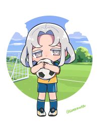  1girl absurdres akasode_matsuri_(inazuma_eleven) ball blue_shorts blue_socks chibi chibi_only clouds cloudy_sky covered_mouth full_body grey_eyes grey_hair highres holding holding_ball inazuma_eleven_(series) inazuma_eleven_victory_road raimon raimon_soccer_uniform shirt shoes shorts sky soccer_ball soccer_field soccer_uniform socks solo sportswear standing sumikawa_(sumikawa8v) tree white_background white_shoes yellow_shirt 