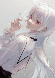  1girl absurdres barbell_piercing cigarette ear_piercing from_behind grey_background highres holding holding_cigarette industrial_piercing long_hair long_sleeves looking_at_viewer mshita_70 original parted_lips piercing red_eyes shirt smoke smoke_trail smoking solo upper_body white_hair white_shirt 