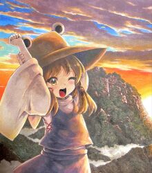  1girl :d ;d arms_up blonde_hair brown_hat clouds commentary_request hair_ribbon hat highres long_sleeves moriya_suwako mountain one_eye_closed orange_sky outdoors purple_skirt purple_vest red_ribbon ribbon shikishi skirt skirt_set sky smile solo stretching tatuhiro touhou traditional_media tress_ribbon vest wide_sleeves yellow_eyes 