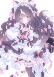  1girl absurdres animal_ears bandaid bandaid_on_leg bell black_hair black_thighhighs blush bow cat_ears cat_girl cat_tail commentary_request cross dress frilled_dress frilled_hairband frilled_thigh_strap frills garter_straps hairband heart highres lolita_fashion lolita_hairband long_hair long_sleeves looking_at_viewer miyu_(virtuareal) multicolored_hair multiple_tails nijisanji otsukimico_(42680392) ribbon simple_background single_thighhigh solo streaked_hair tail tail_bell tail_ornament thigh-highs thigh_strap two_tails virtuareal wavy_hair white_background white_hair 
